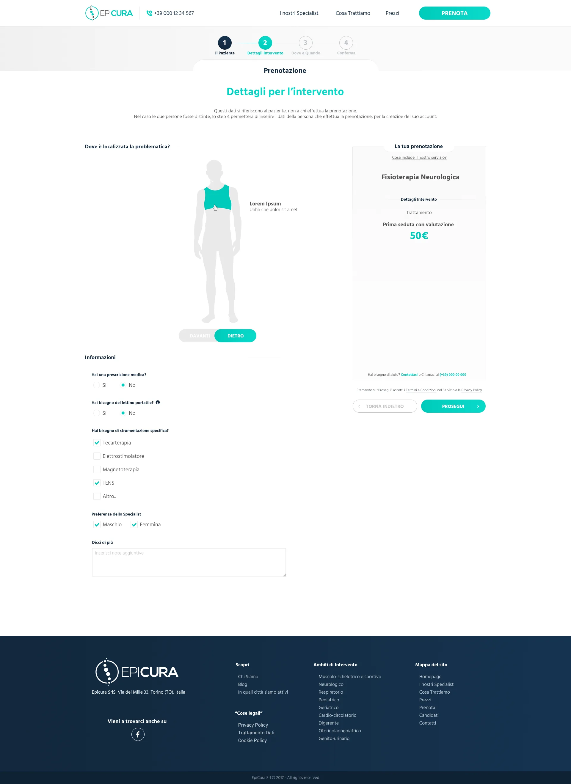 Wizard di prenotazione: selezione anatomica del trattamento via silhouette interattiva