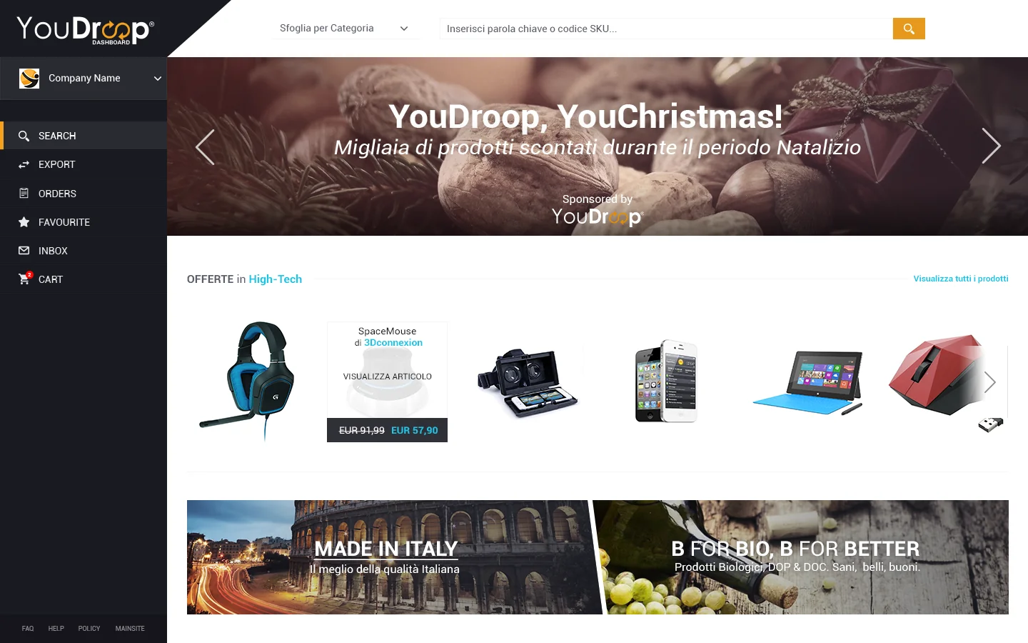 Vetrina del marketplace con ricerca e scoperta prodotti